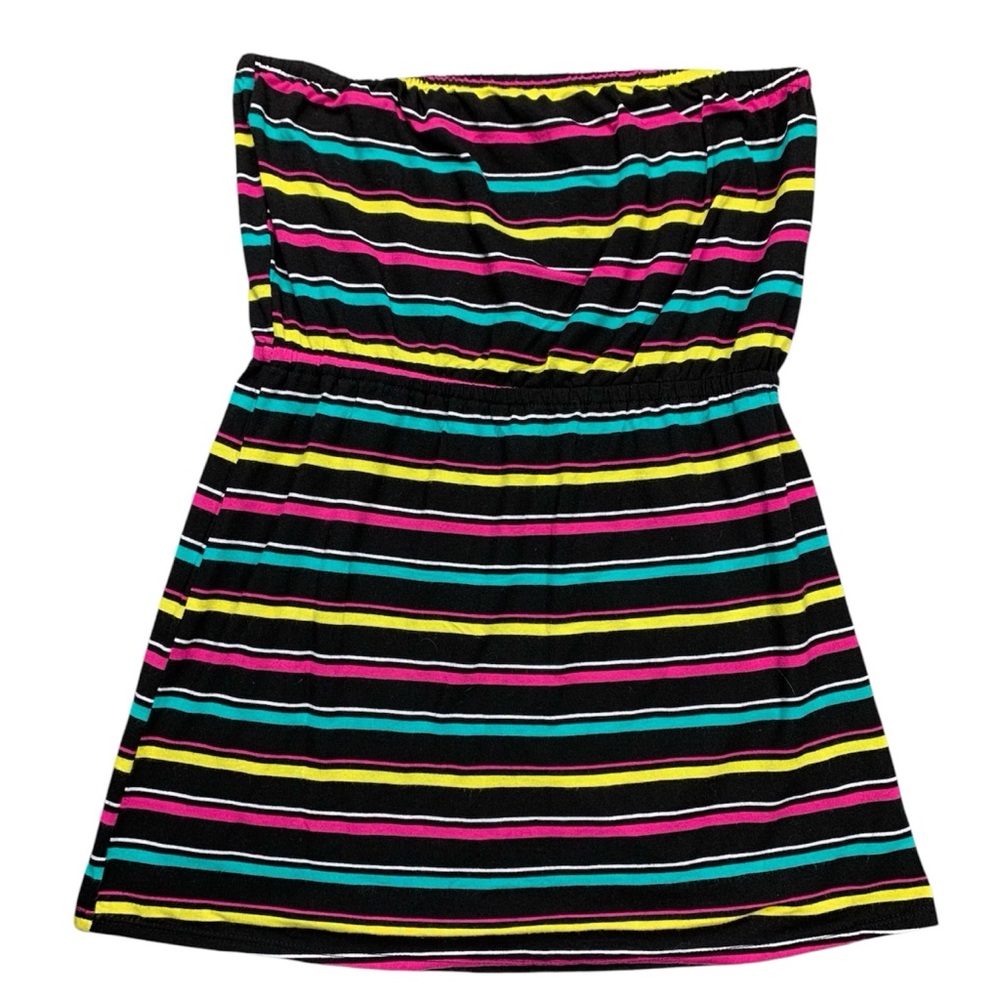 Juniors Girls Tube Top Shirt Blouse Black Yellow Pink Teal Striped Size Small